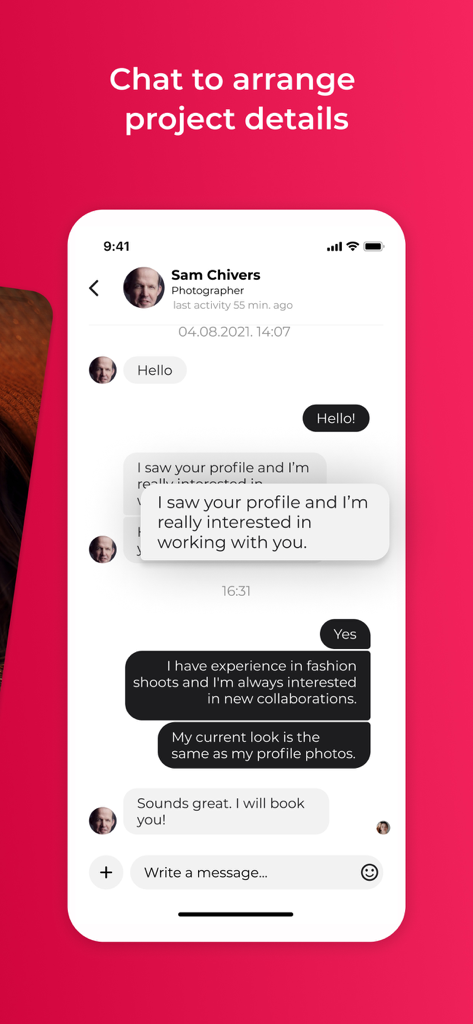 A screenshot of the Model Now app showing a chat interface between a model and a photographer to arrange project details.