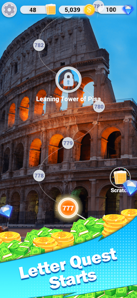 Carte de niveau du jeu Words Explorer montrant la progression sur le Colisée romain avec des pièces et des gemmes