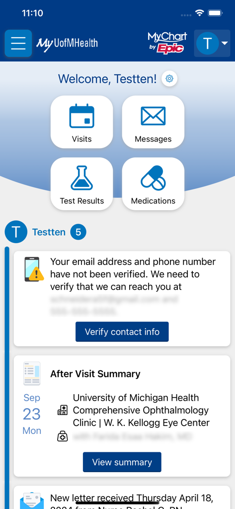 Dashboard of the MyUofMHealth app featuring healthcare shortcuts for visits, messages, and test results.