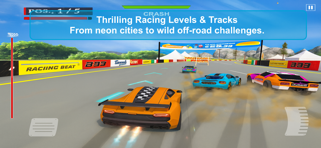 Racing Outlaws - Drag Car Race - An orange sports car racing on a track with smoke and rivals.