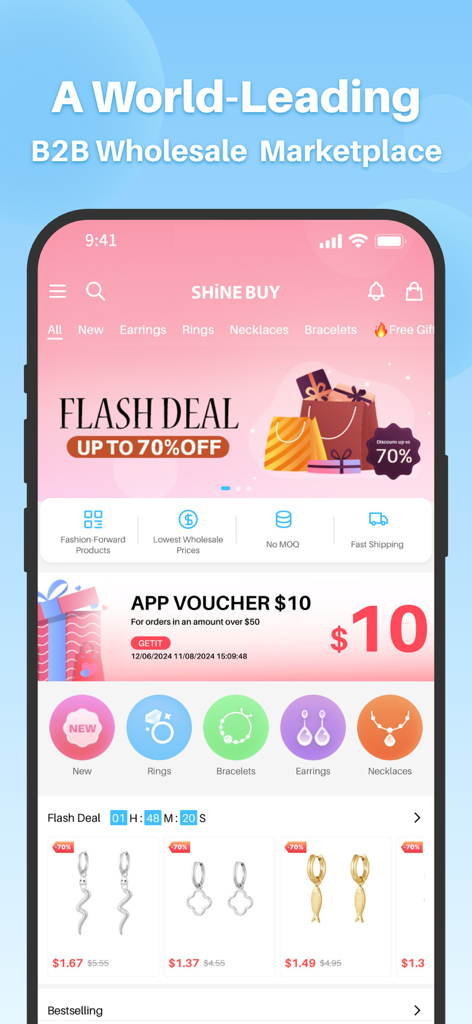 SHINE-BUY - Interfaz de la aplicación SHINE-BUY que muestra ofertas de moda y joyería al por mayor y categorías