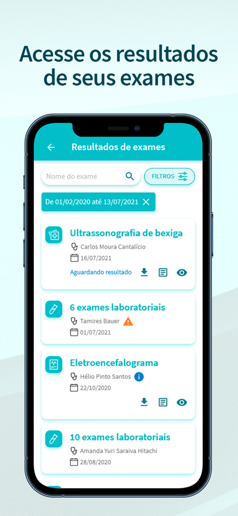 Meu Oswaldo Cruz - Smartphone screen showing the medical exam results list in the Meu Oswaldo Cruz app