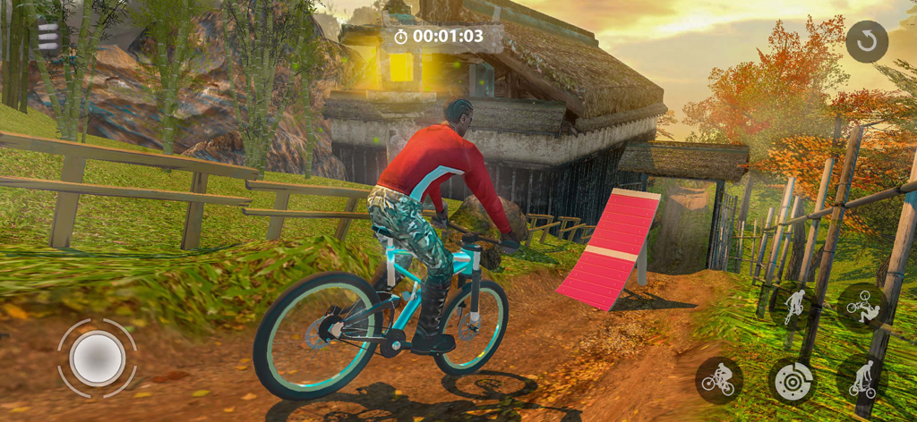 Bicycle Stunts: BMX Bike Games - A 3D mobile game screenshot showing a cyclist on a light blue BMX bike approaching a red jump ramp on a dirt mountain path.