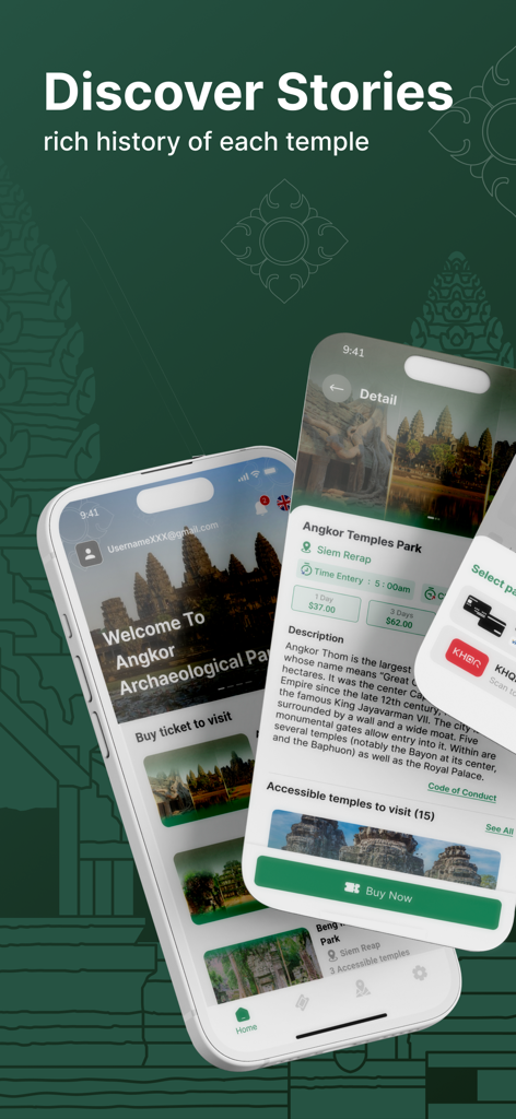 Angkor-Pass - Mobile application interface of Angkor-Pass showing ticket prices and historical information for temples in Siem Reap
