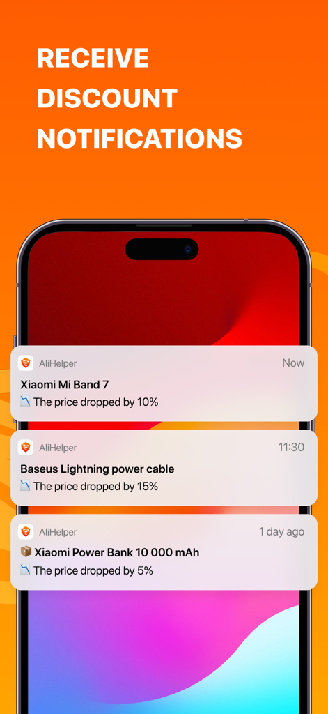 Pantalla de bloqueo del iPhone mostrando notificaciones push de AliHelper para bajadas de precio de productos