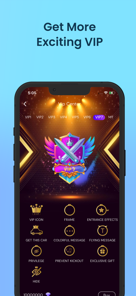 Dreamlive - Dreamlive app VIP Center screen showing status levels and exclusive rewards for users.
