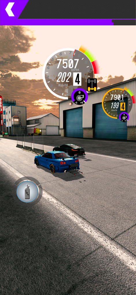 Project DRAG : Online - Gameplay of Project DRAG Online showing a blue customized car racing on a drag strip with RPM and speed gauges