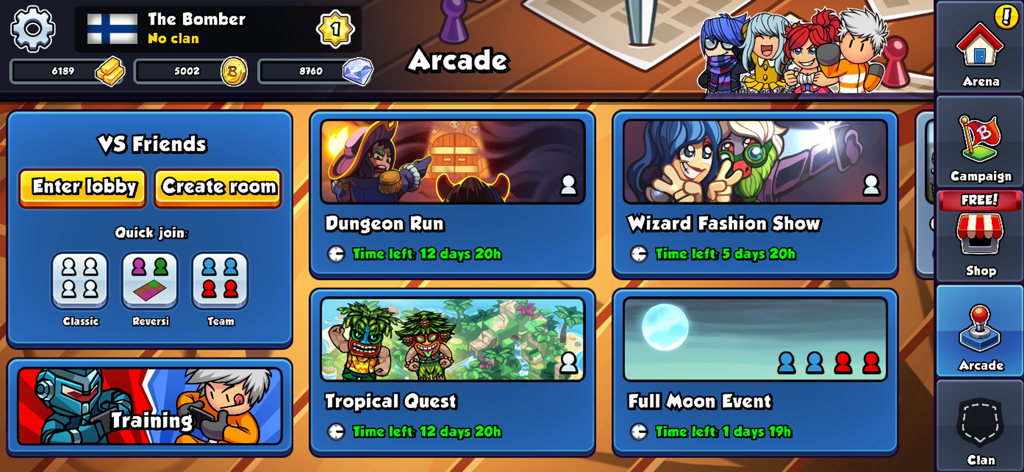 Bomber Friends! - Bomber Friends Arcade-Menübildschirm mit Multiplayer-Modi und Sonderveranstaltungen