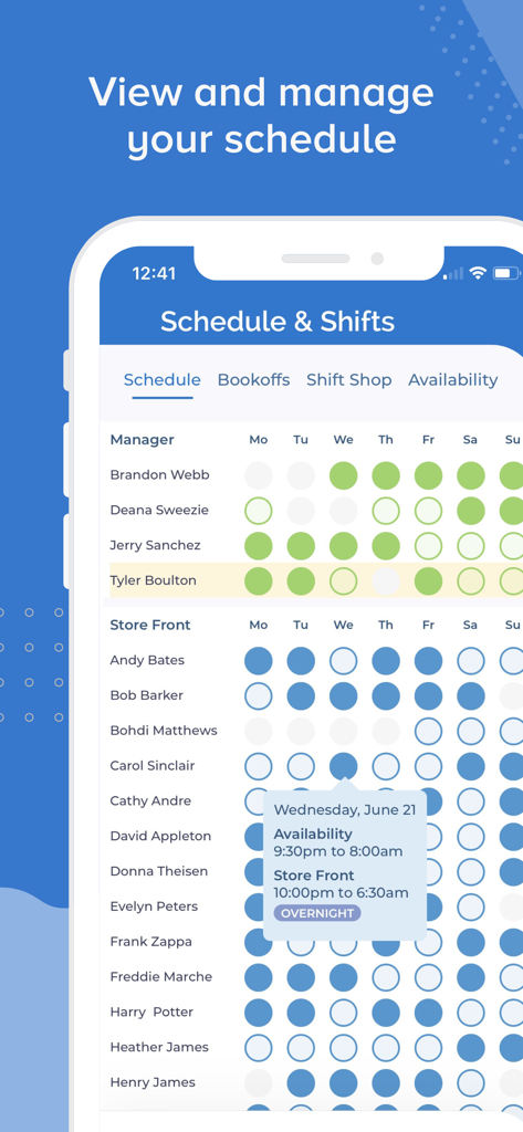 Interface de l'application Ameego affichant un planning hebdomadaire du personnel de restaurant et les détails des quarts