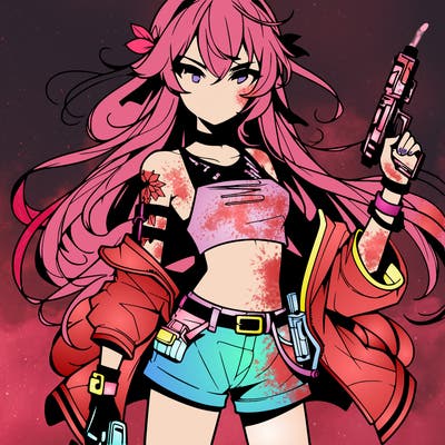 bad girl wearing crop top holding a gun long hair anime