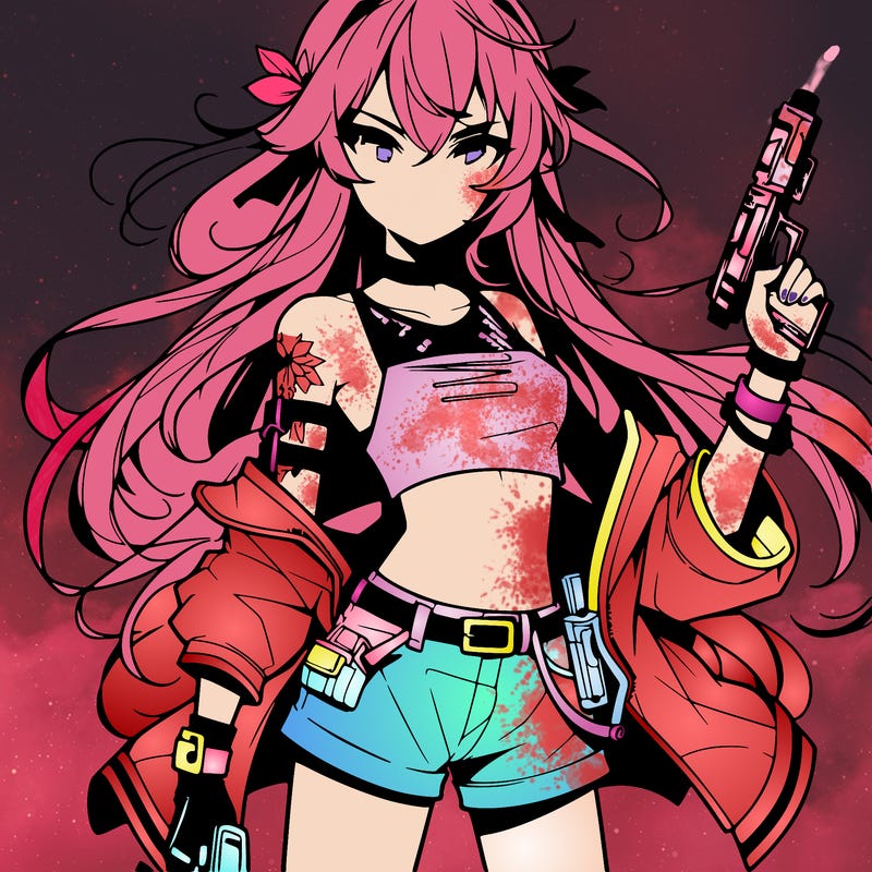 bad girl wearing crop top holding a gun long hair anime