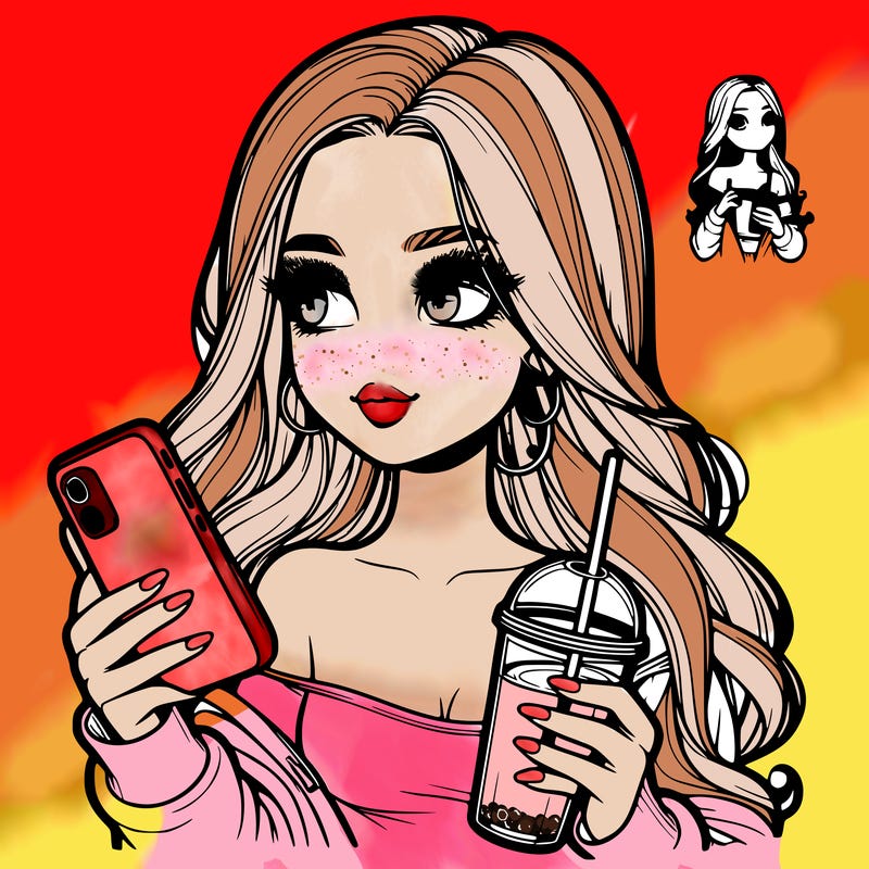 realistic girl holding phone and drinking a drink