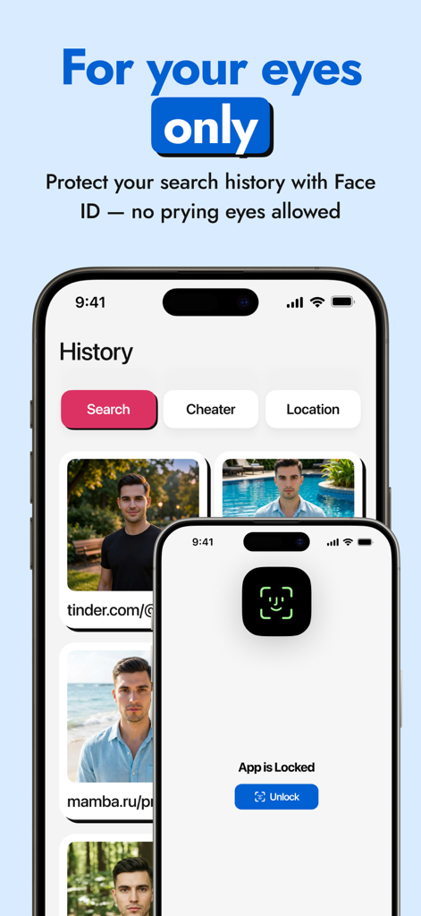 PimEyes AI: AI Checker - PimEyes AI app screenshot showing search history protected by a Face ID privacy lock.