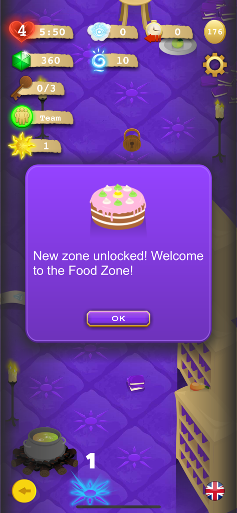 A game screen from Book-Man showing a pop-up notification that says New zone unlocked Welcome to the Food Zone with a cake illustration.