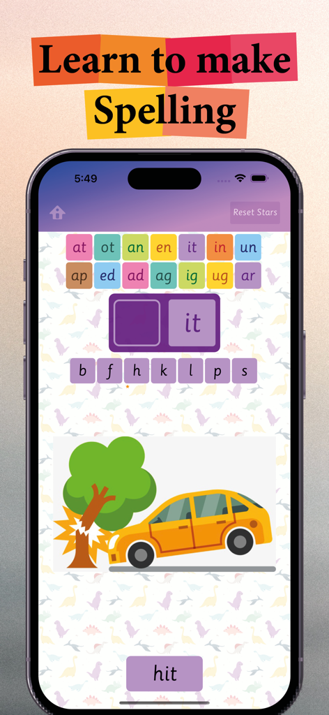 Screenshot der App 3-Buchstaben-CVC-Wörter bilden, die das Wort Treffer lehrt