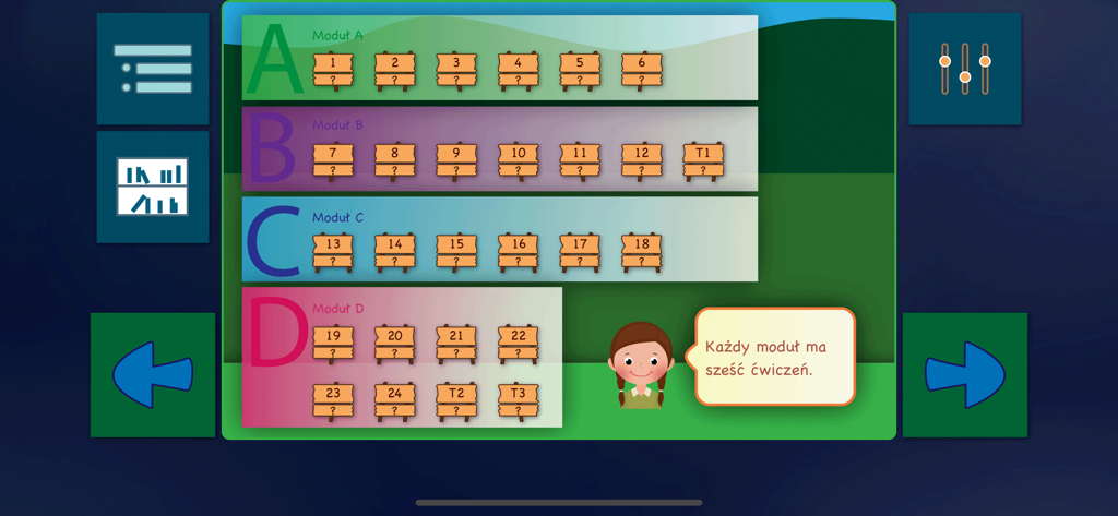 Polskie Ortogramy 2 - Main menu screen showing four learning modules and numbered exercises for Polish orthography