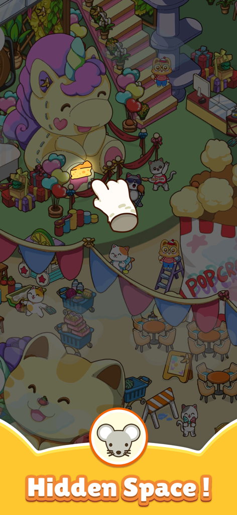 Find My Cat Out: Hidden Object - Um nível colorido de caça ao tesouro em Encontre Meu Gato Fora onde o jogador encontra um pedaço de queijo escondido.