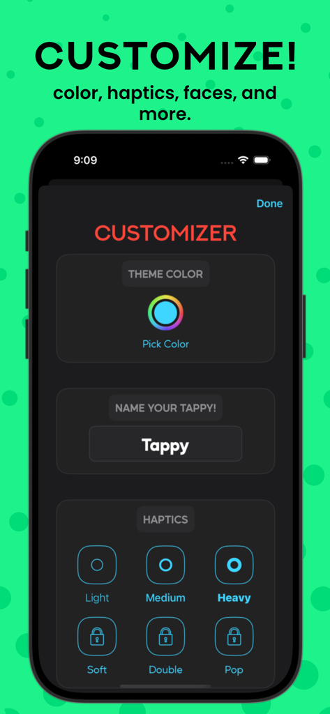 Tappy: Self Care Fidgeter - A mobile interface for customizing the Tappy app showing theme color picker and haptic feedback intensity settings.