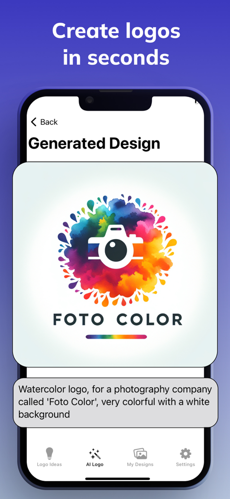 AI Logo Maker - Design Creator - Écran d'iPhone affichant un logo IA coloré généré en aquarelle pour une entreprise de photographie appelée Foto Color