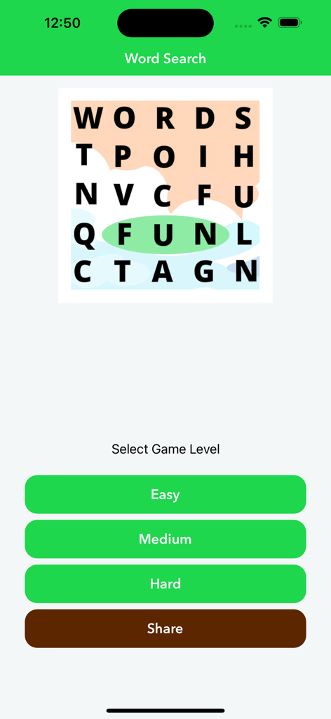 Wordscapes Word Search - Word Search app menu with difficulty levels for Easy Medium and Hard
