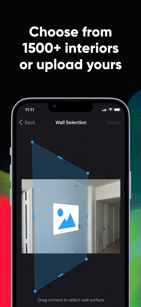 Smartist: Art Preview on Wall - Smartist app interface showing how to drag corners to select a wall surface in a custom uploaded room photo for art mockups.