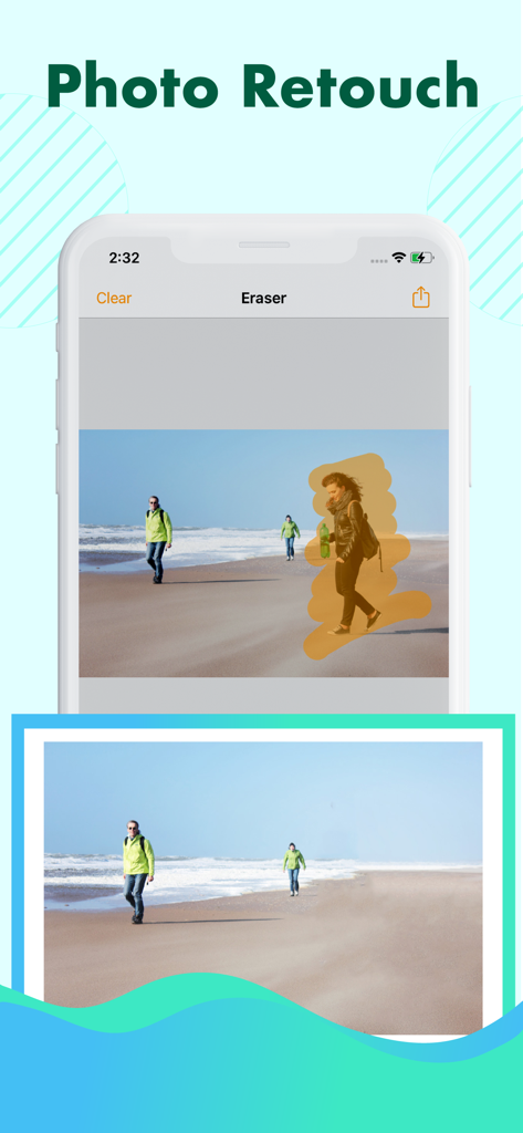 객체 제거 도구를 사용하여 해변 사진에서 원치 않는 사람을 제거하는 전후 비교.