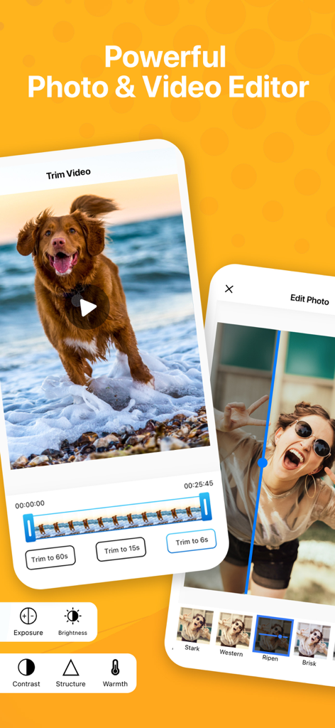 Interface of Pic Stitch app showing video trimming tools and photo editing filters