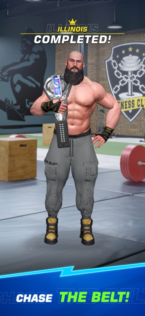 Power Slap - Un combattant musclé et barbu dans une salle de sport tenant une ceinture de championnat avec le texte "Illinois completed".