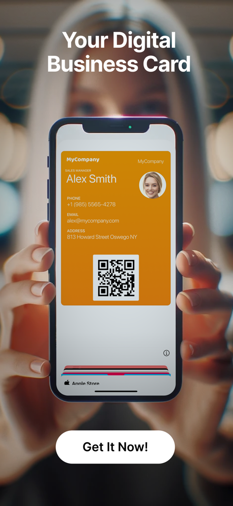 HeyDrop: Digital Business Card - Tarjeta de presentación digital con código QR mostrada en la pantalla de un iPhone.
