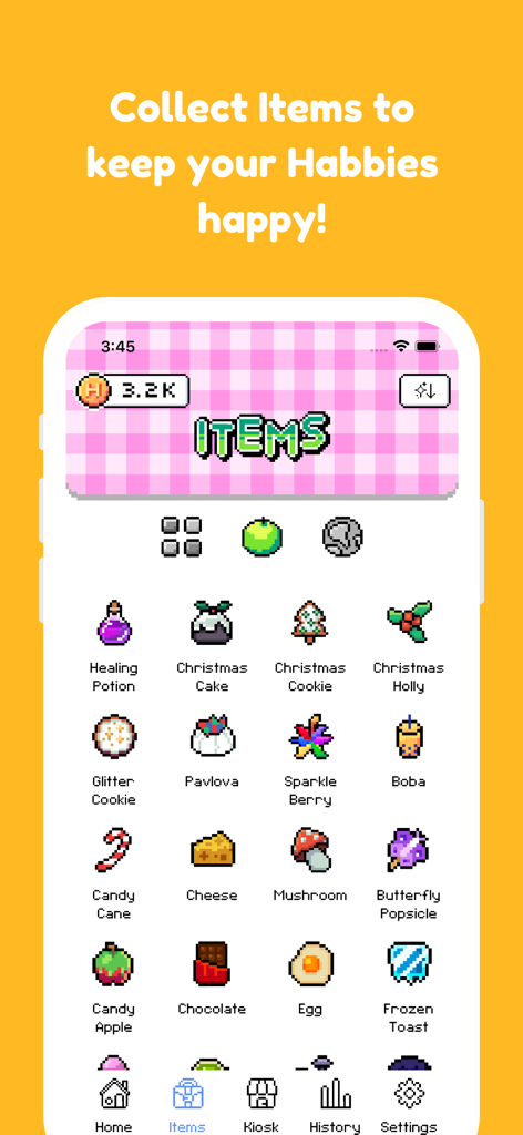 Habbie: Habit Tracker & Pet - Habbie app inventory screen showing various collectible pixel art food and magic items for virtual pets.