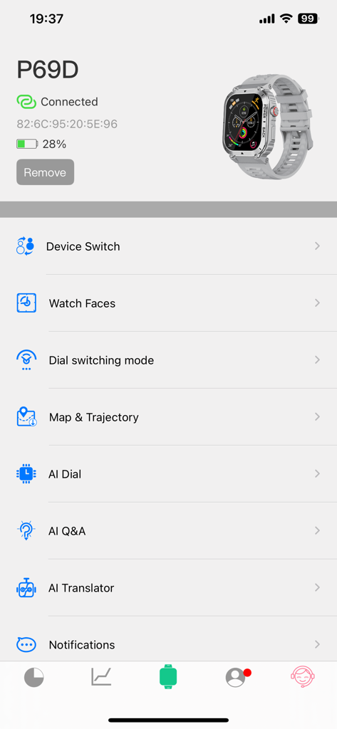 HanFit app device settings screen showing a connected P69D smartwatch with options for watch faces and AI features