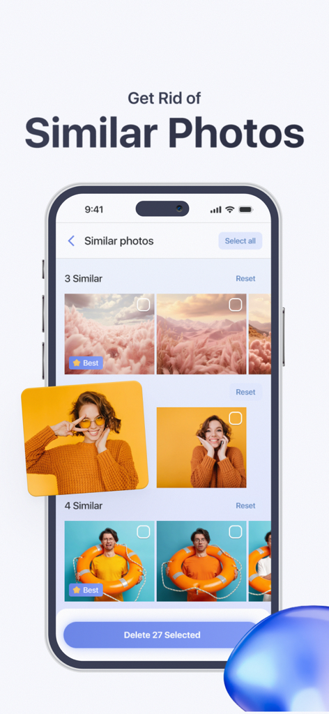 Phone Cleaner app interface showing groups of similar photos organized for easy deletion to free up storage space