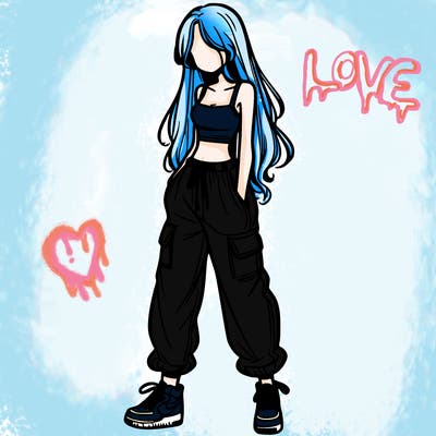 girl in baggy pants crop top and long hair