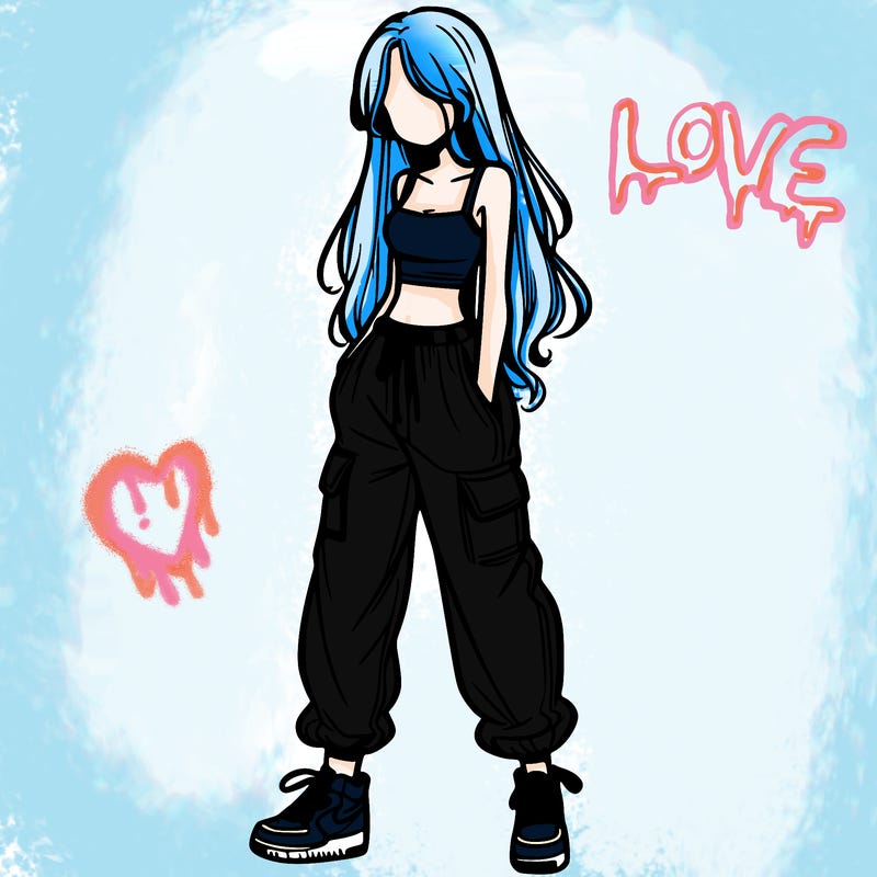 girl in baggy pants crop top and long hair