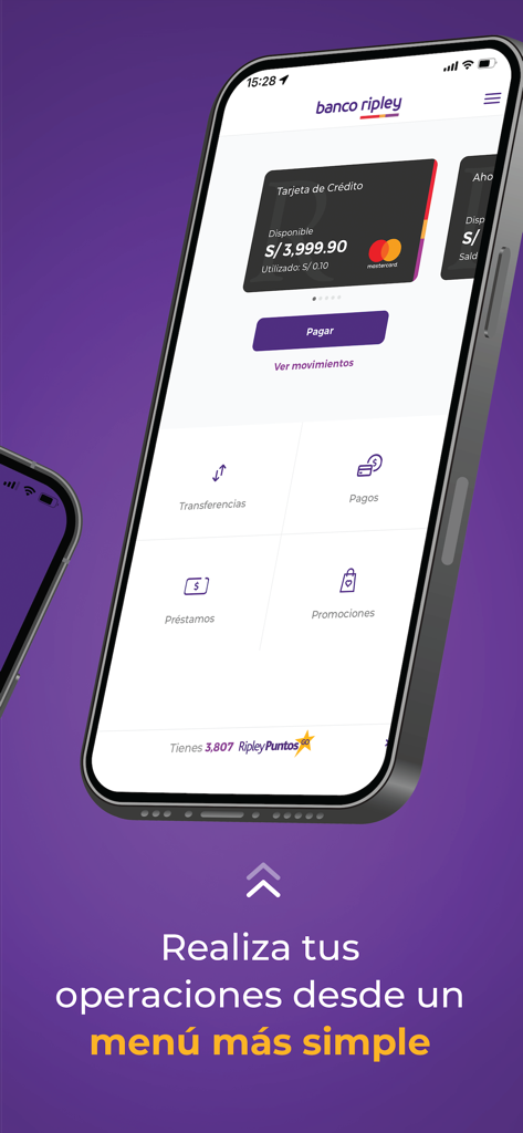Banco Ripley Perú - Interface de l'application mobile Banco Ripley Peru montrant les détails de la carte de crédit et un menu simplifié des opérations bancaires
