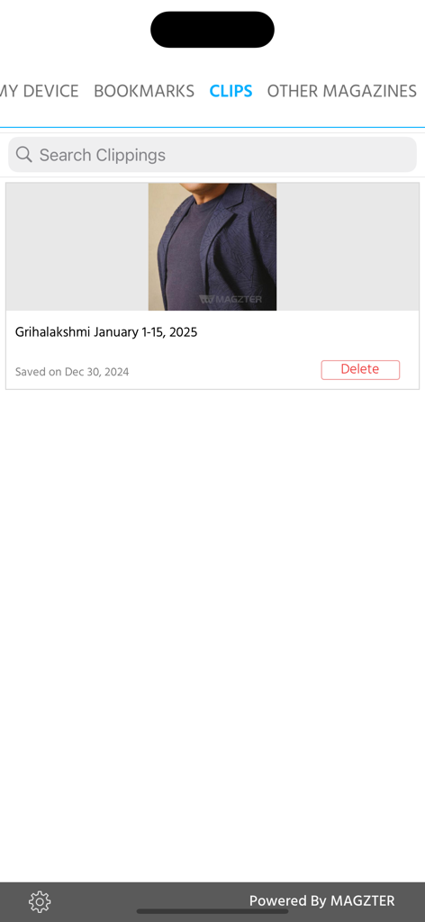 The clips section of the Grihalakshmi Magazine app showing saved articles and a search bar