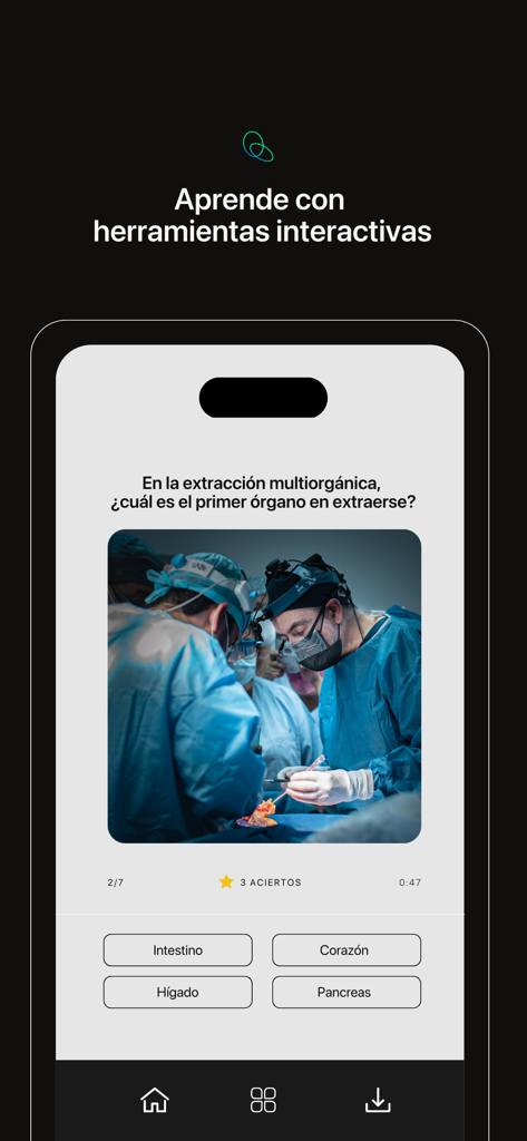 Medu - Interfaz de la aplicación Medu mostrando un cuestionario médico interactivo en español con una foto de cirugía y opciones de respuesta múltiple.