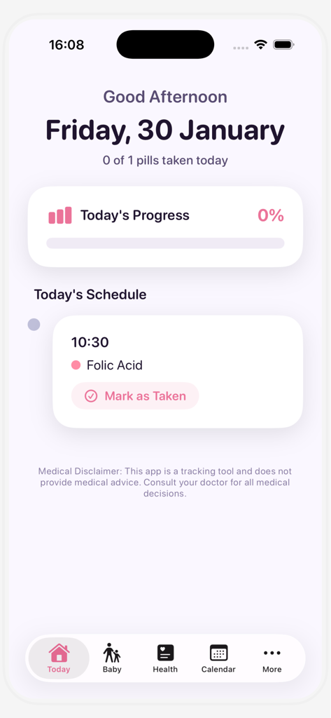 Mom Plus Pregnancy Tracker - The today screen of the Mom Plus Pregnancy Tracker app showing daily progress and prenatal vitamin tracking for folic acid