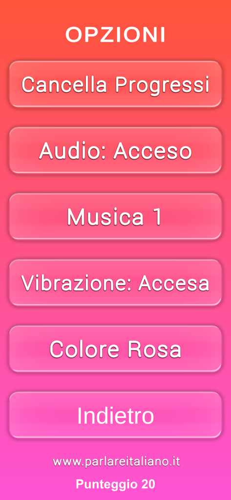 Einstellungsmenü der Parlare Italiano App mit Optionen für Audio, Musik und Fortschritt auf einem rosa Farbverlaufshintergrund.
