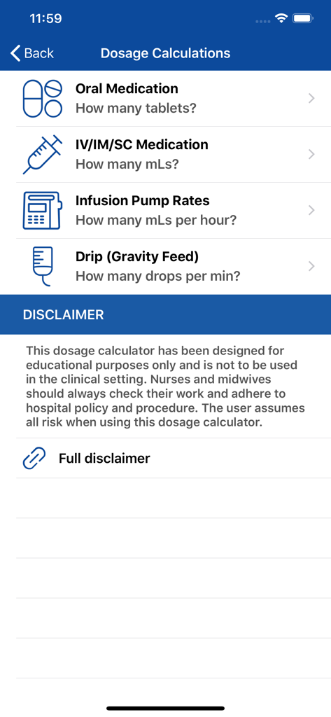 Dosage calculation menu in the ANMF Diary App showing options for oral, IV, infusion, and drip medications.