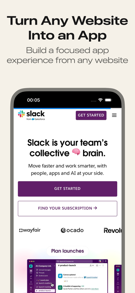 WebApp - Un smartphone mostrando el sitio web de Slack en una interfaz móvil enfocada con el texto Convierte Cualquier Sitio Web en una Aplicación.
