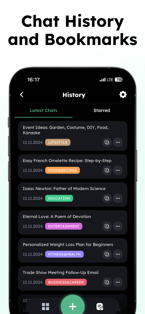 AI Chat - Smart AI Assistant - A list of recent chat conversations categorized by topics like education and business in the AI Chat assistant app