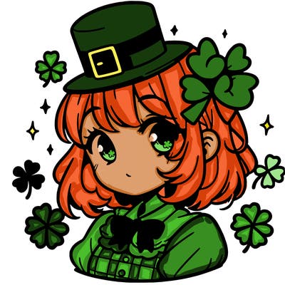 a manga-style girl with clovers around her, a little hat in her hair, like it's saint patrick's day