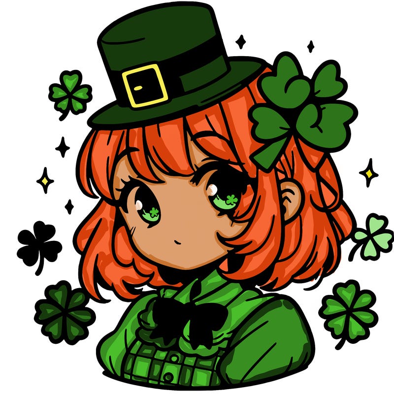 a manga-style girl with clovers around her, a little hat in her hair, like it's saint patrick's day