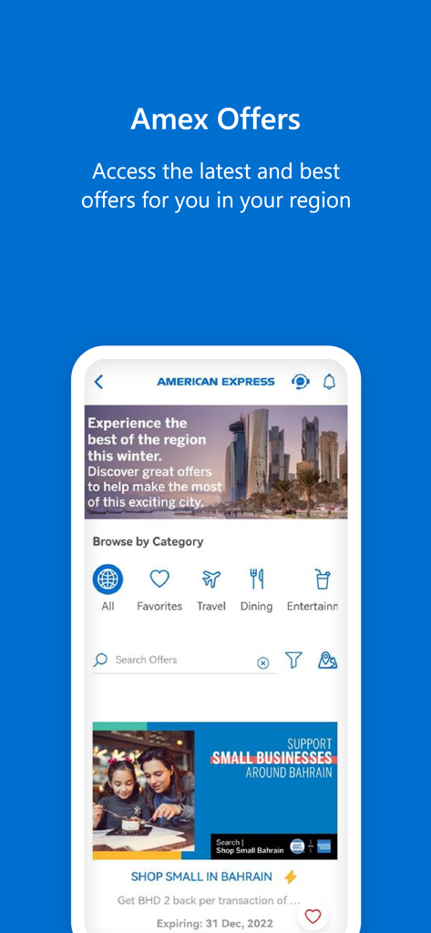 Amex MENA app interface displaying localized offers and browse by category section.