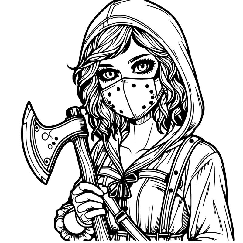 realistic girl in a costume with an axe wearing a mask