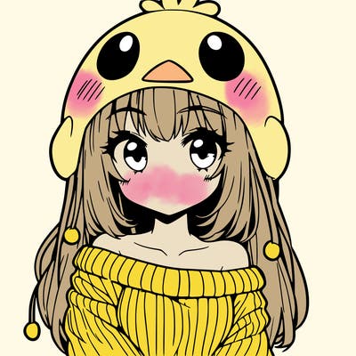 anime girl with chick shaped hat with sweater with bare shoulders with bangs covering them one eye with low tail