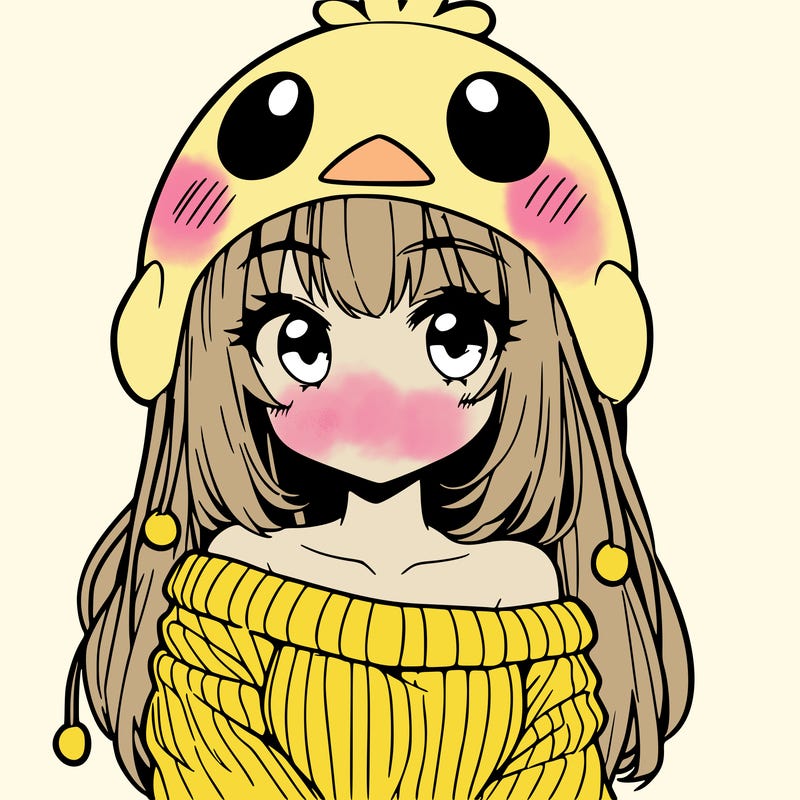 anime girl with chick shaped hat with sweater with bare shoulders with bangs covering them one eye with low tail