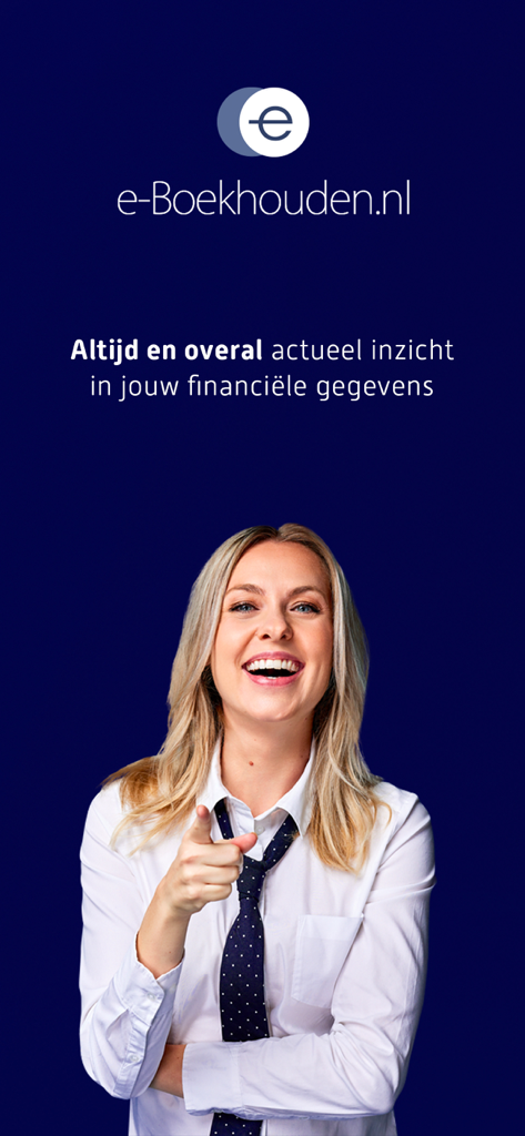 e-Boekhouden.nl - Smiling professional woman pointing at the viewer next to the e-Boekhouden logo and Dutch text about financial insight
