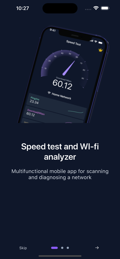 WiFi Connect: Internet & Speed - WiFi Connect app onboarding screen showing a network speed test and analyzer interface